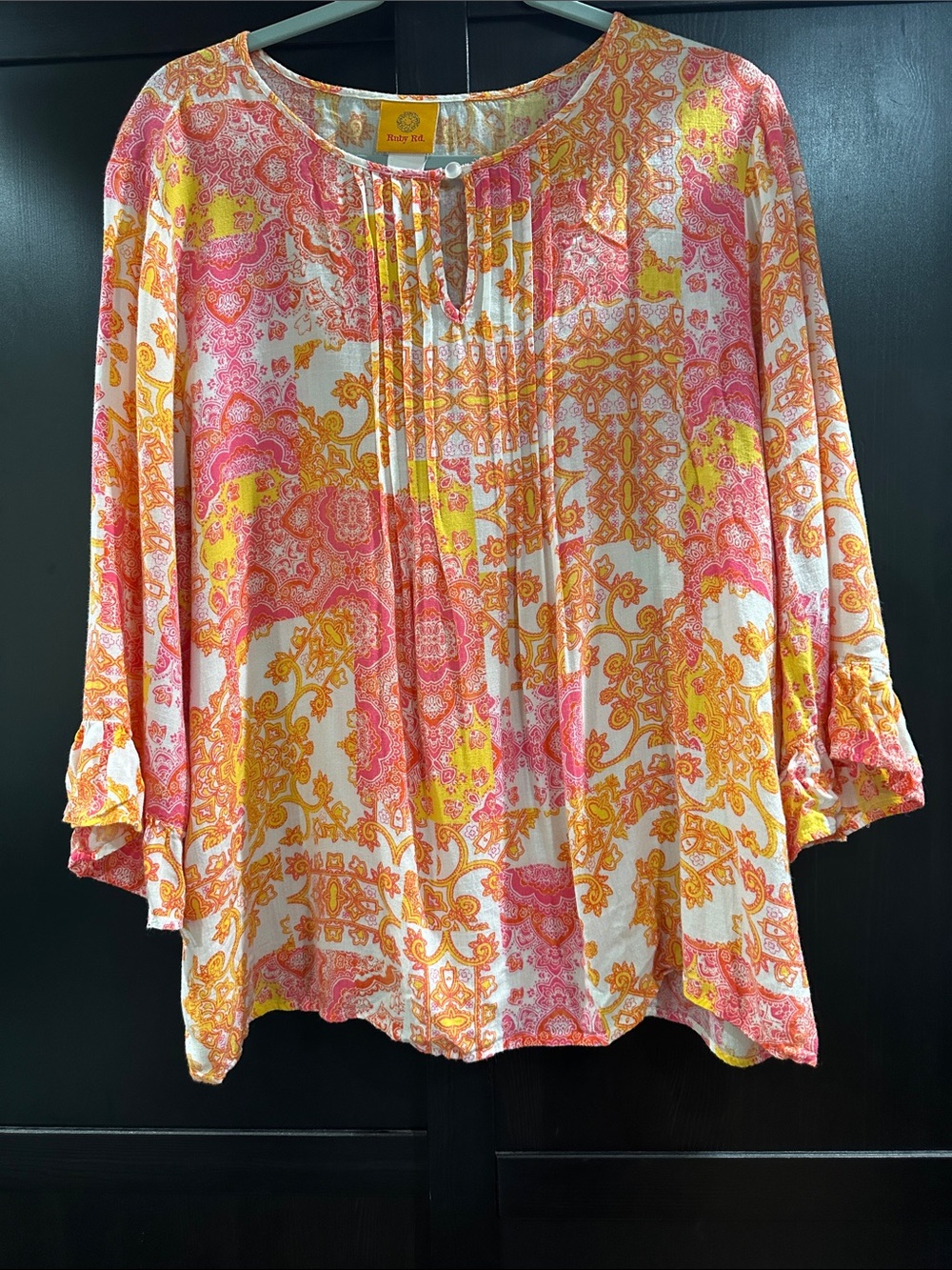 Ruby Rd. Pink, Yellow & Orange Paisley Pintuck Peasant Tunic